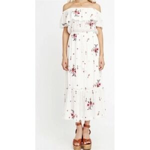 Lost + Wander White Floral Embroidered Off Shoulder Maxi Dress Boho Tassel Sz S